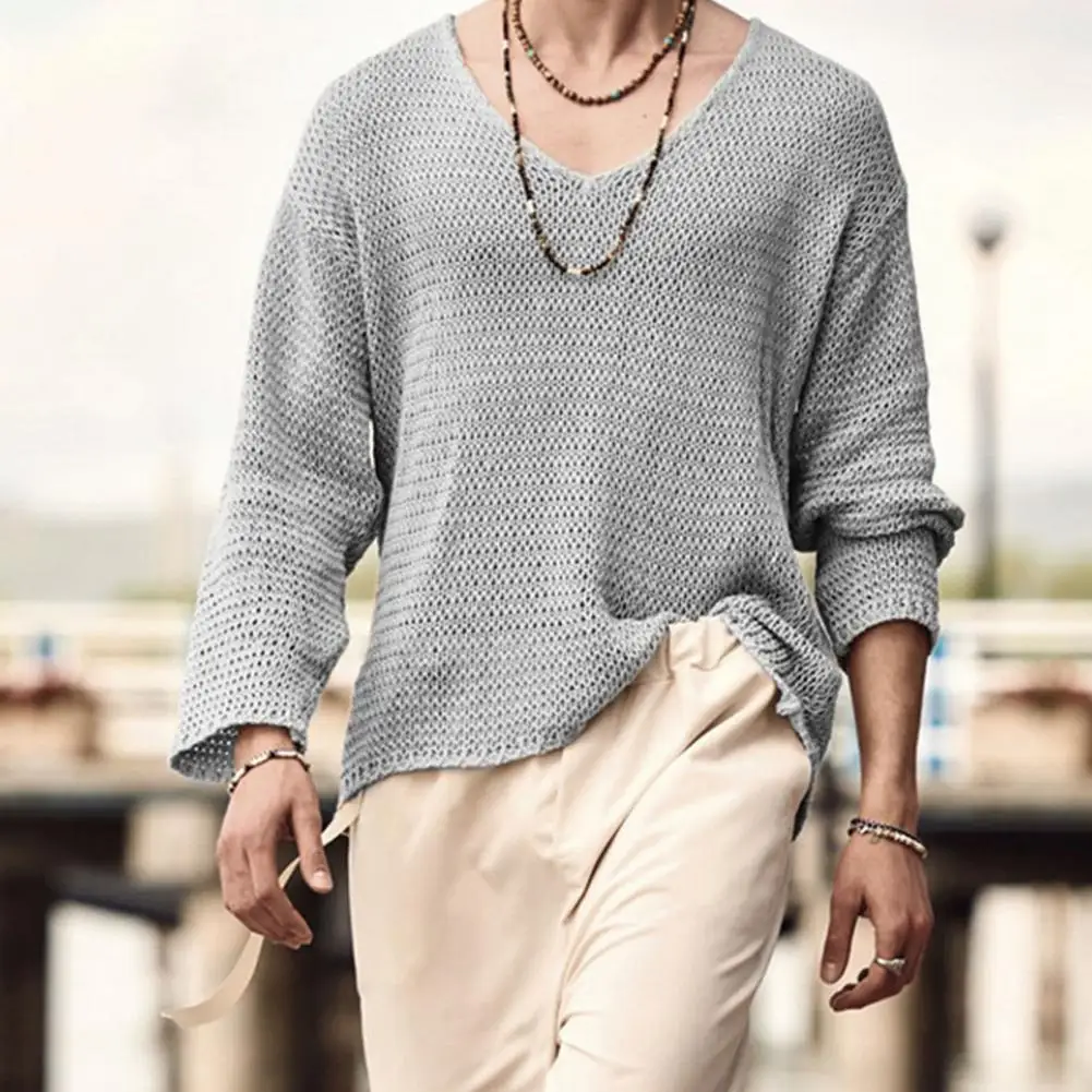 Men Pullover Sweater Spring Autumn V-Neck Long Sleeve Knitted Tops Solid Color Hollow Out Loose Knitwear Streetwear