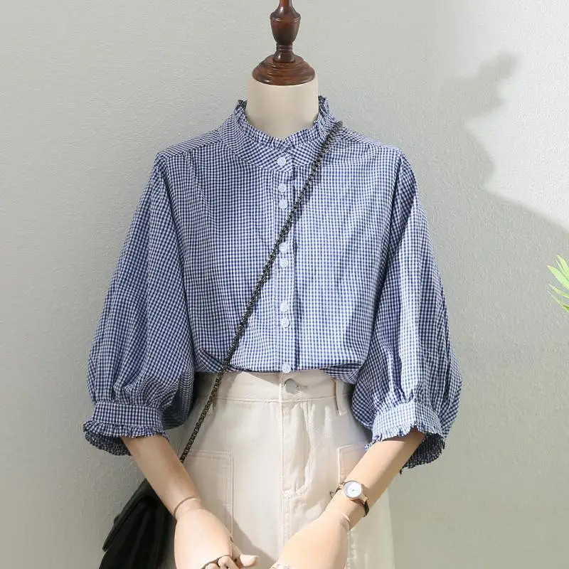 Women's Clothing Spring Summer 2023 Tops Vintage French Lantern Sleeve Elegant and new Youth Woman Blouses Lace 2025 Blue Plaid Shirt