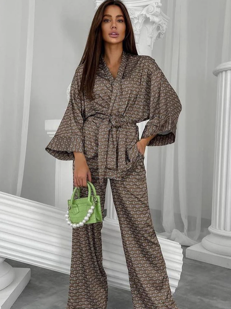 Linad Print Women's new Home 2025 Clothes 2 Piece Sets Loose Three Quarter Sleeve Sleepwear Female Casual Trouser Suits Spring 2023