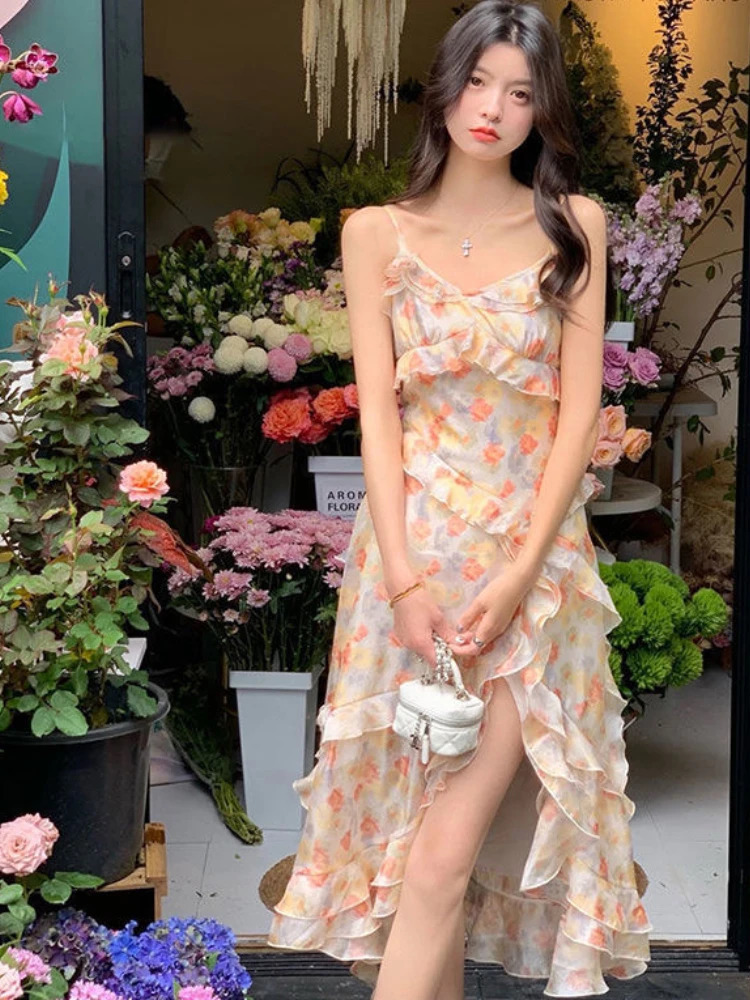Spaghetti Strap Dresses Women Ruffles Irregular Slit Floral Summer Elegant Korean Style Sexy Thin Sleeveless Midi Sweet Tender 240319