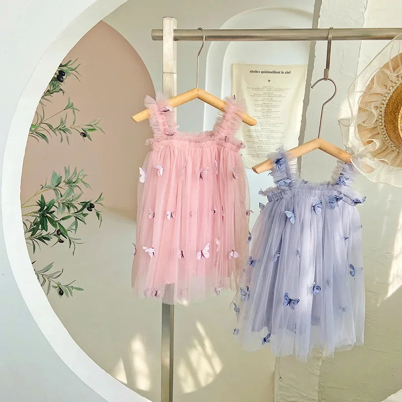 Summer Baby Girls Dress 3D Butterfly Tulle Tutu Princess Birthday Party Strap for 15Y Toddler Kids Clothes 240325