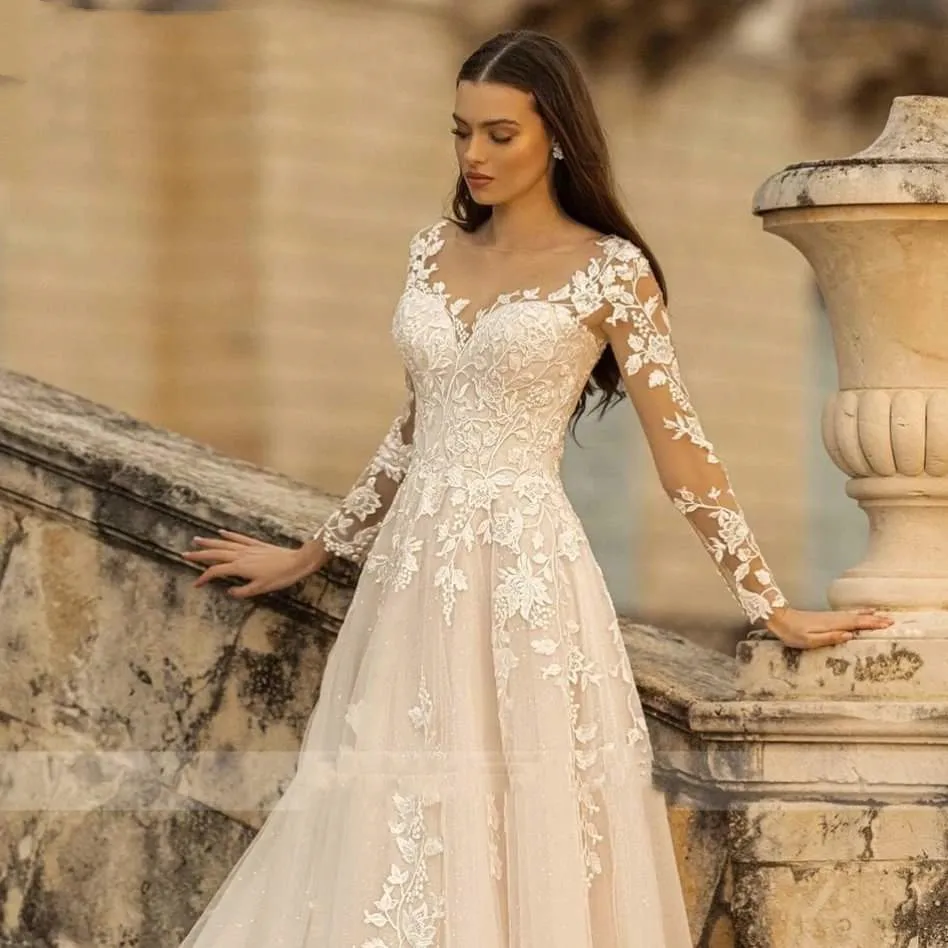 Elegant Sweetheart Wedding Dresses 2024 Lace A-Line Long Sleeve Bridal Gown Applique new Tulle 2025 Vestidos De Novia Lace-Up Sweep Train