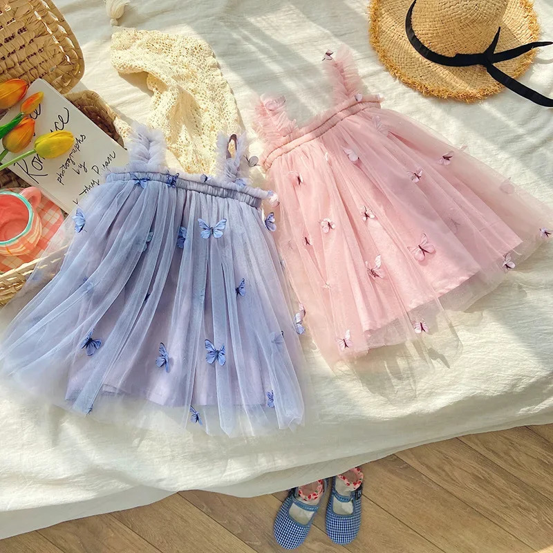 Summer Baby Girls Dress 3D Butterfly Tulle Tutu Princess Birthday Party Strap for 15Y Toddler Kids Clothes 240325