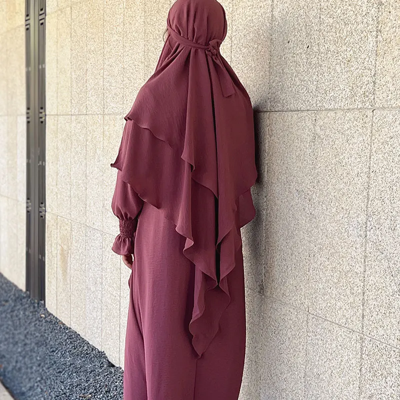 Khimar 2 Layers Crepe Muslim Ramadan new Islamic 2025 Clothing Breathable Long Khimars Prayer Scarf Women Overhead Tie Back Hijab Niqab