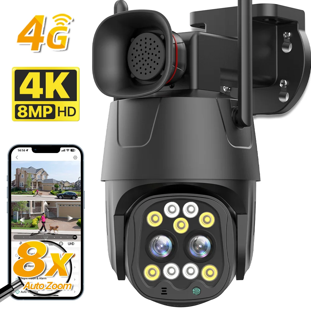 4G SIM Card IP Camera 4K 8MP Dual Lens 8X Zoom WIFI PTZ Camera Auto Tracking Security Camera 4MP Outdoor CCTV Surveillance