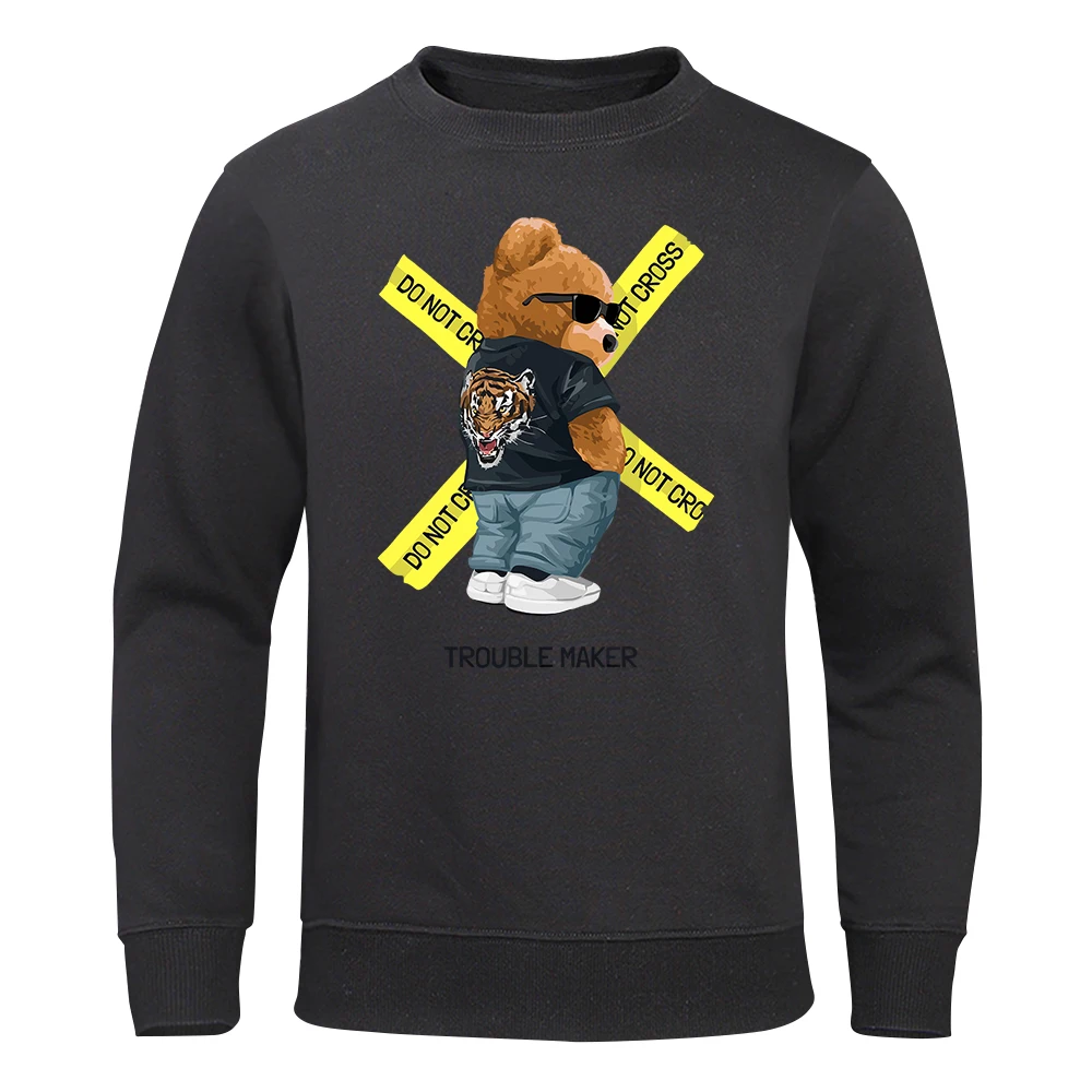 Mr. Teddy Bear With Dark Glasses Trouble Maker sudaderas con capucha para hombres, Top suave deportivo Harajuku, Tops de cuello redondo, Jersey suelto