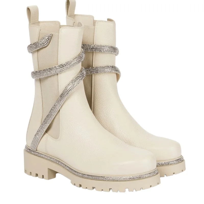 Snake Shaped Winding Tape Rhinestone Short Boots Leisure Motorcycle Thick Sole Knight Boots Diamond Winter Smoke Pipe Boots
