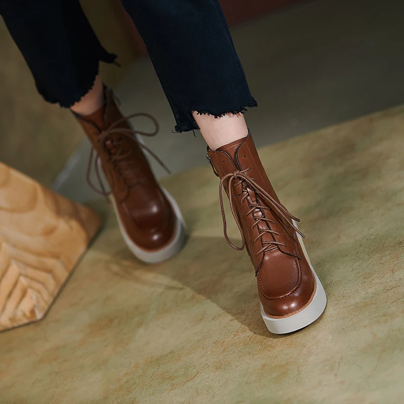 Winter Genuine Leather Chunky Heels Platform for Solid Lace Women Shoes High Heel Boots atos De Mujer