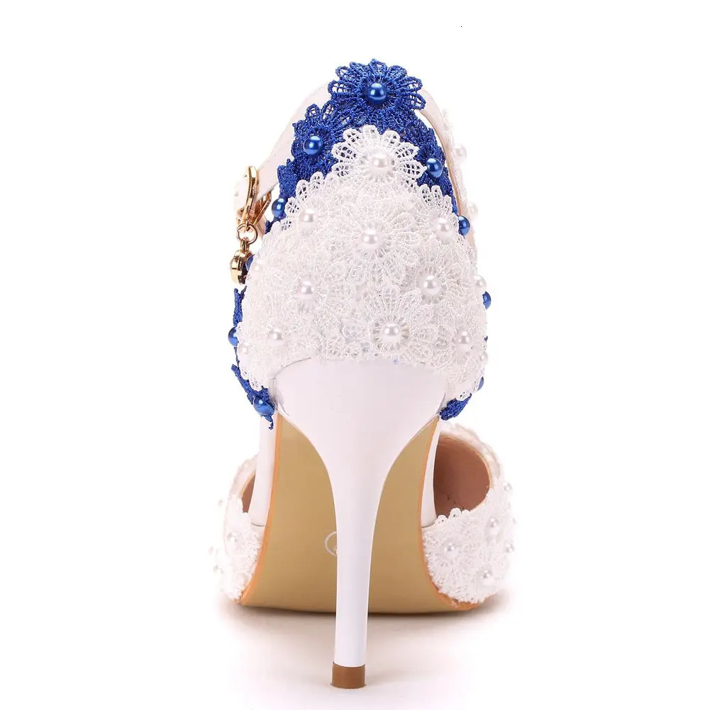 Crystal Queen Women Sandals High Heels White Blue Lace New Wedding Shoes Pointed Toe wer Pearls Pumps 240322