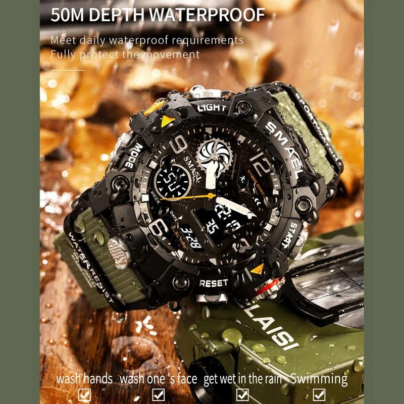 SMAEL Quartz Watch Sport 50M Waterproof Stopwatch Week Display LED Digital new Alarm Clock 2025 Male 8055 Men Watches Sports Wristwatches