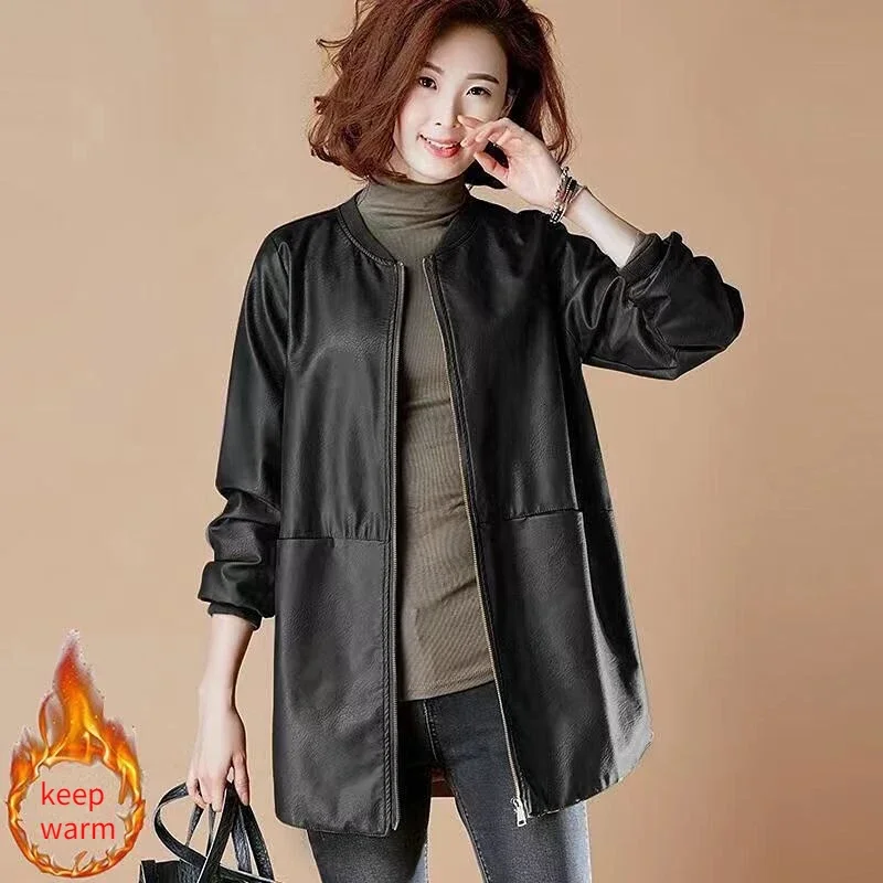2023 Spring and Autumn Women's Mid Length new Leather Jacket PU Baseball Uniform Commute Style Loose and Slimming Faux 2025 Leather Coat
