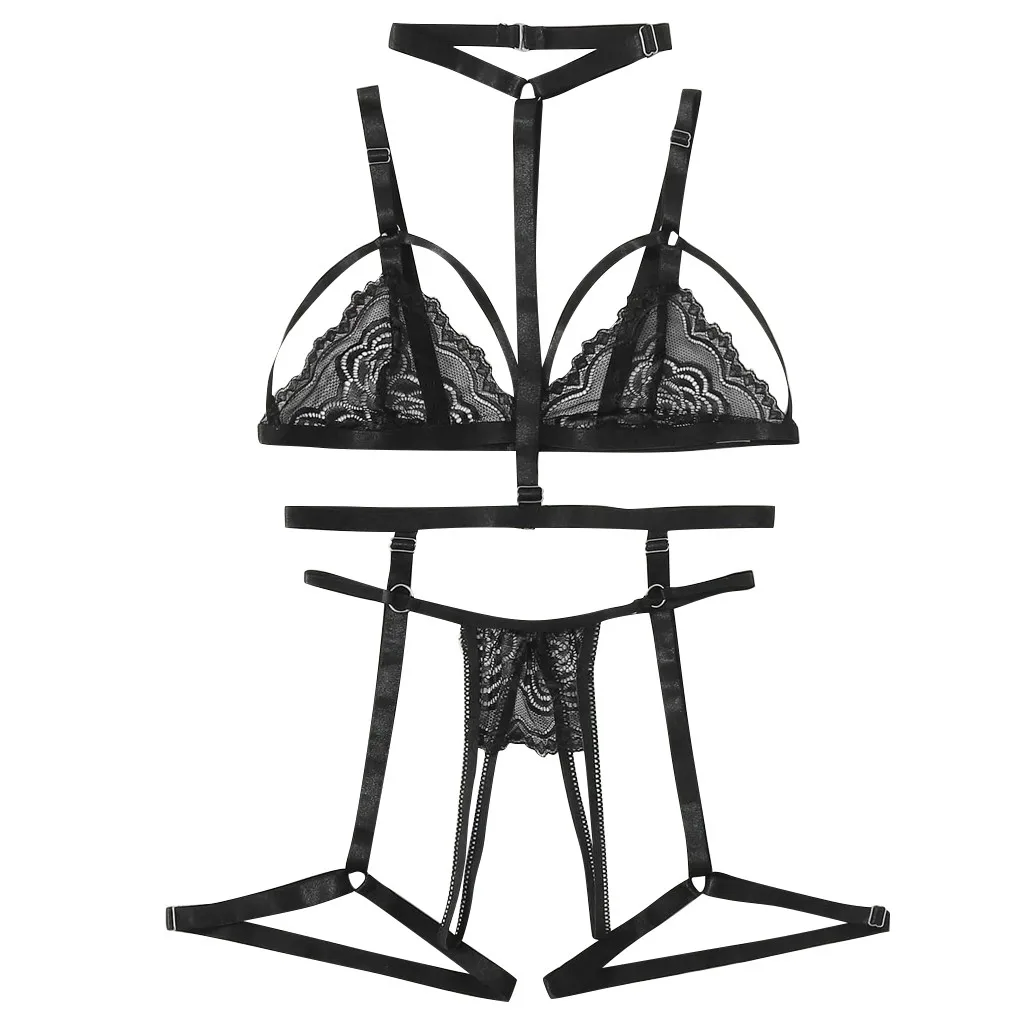 New new In Plus Size Women's Underwear Sexy Lingerie Lace Lingerie Bra+thong+garter Underwear Set 2025 Black Sleepwear Women's lingerie