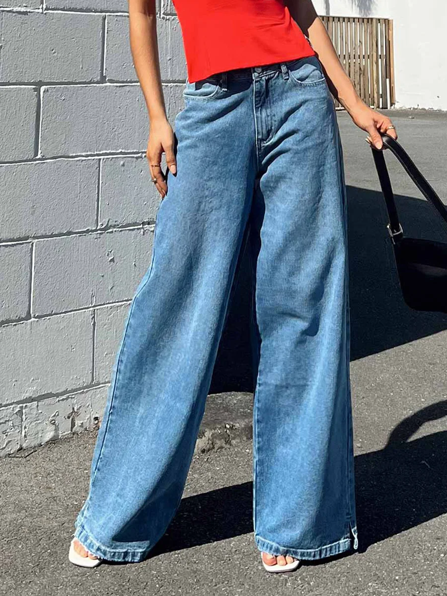 new Women Denim Pants Loose Stretchy 2025 Casual Solid Color Wide Leg Jeans Trousers with Pockets Streetwear