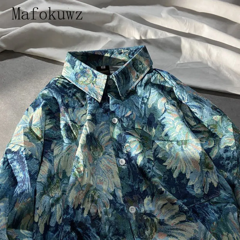 Mafokuwz Couple Oil Painting Floral Long-sleeved Shirt Japan Retro Loose new Vintage Unisex 2023 Spring 2025 Autumn Trend Highhstreet Top