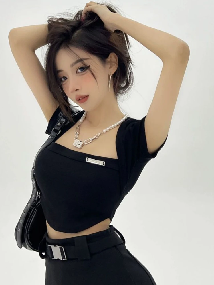 Deeptown Korean Streetwear Tshirts Women Sexy Solid 2025 Slim Crop new Tops Female Basic Y2k Haruku Shirts Square Collar Tees Summer