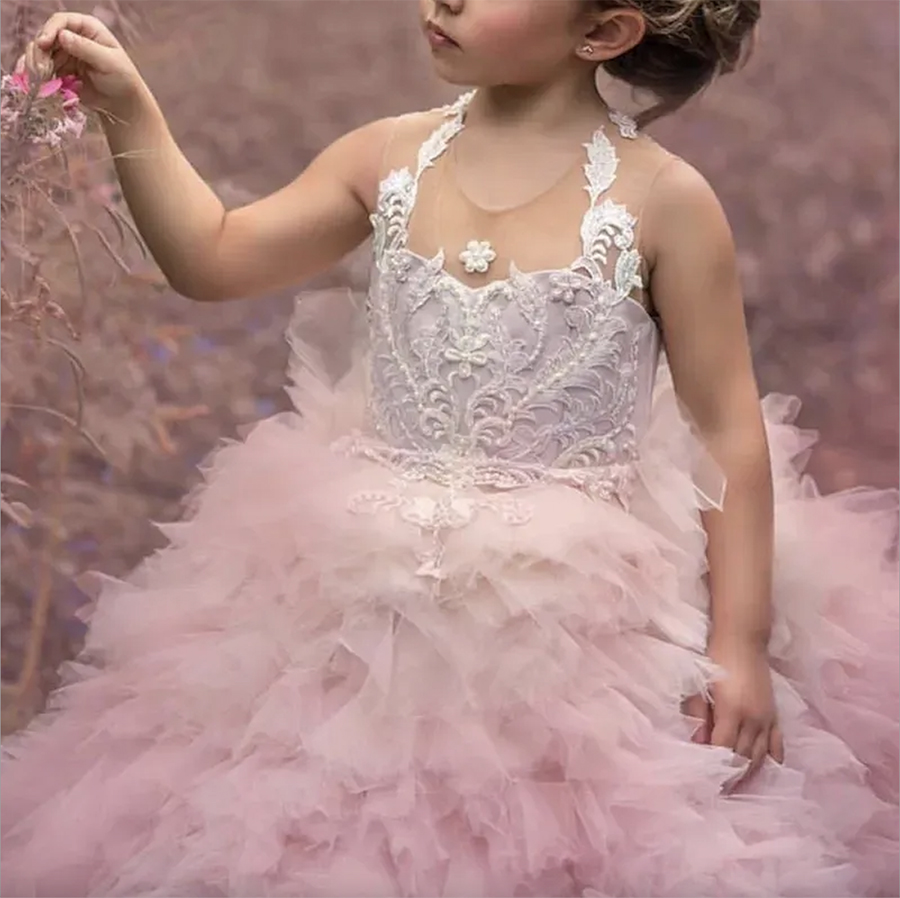 Glamorous Colorful Tier Ruffles Pageant Cute Sheer O Neck Appliques Sequins Button Back Flower Girls Dresses Formal Kids Party Gowns 0431