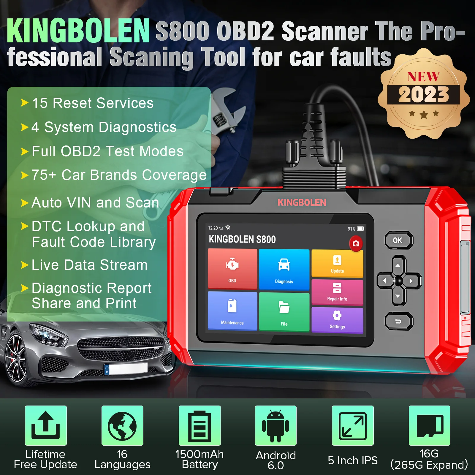 KINGBOLEN S800 Car Diagnostic Tools ABS SRS ECM TCM 4 systems 15 Resets Oil Brake SAS IMMO Reset Auto OBD2 Scanner Lifetime Free