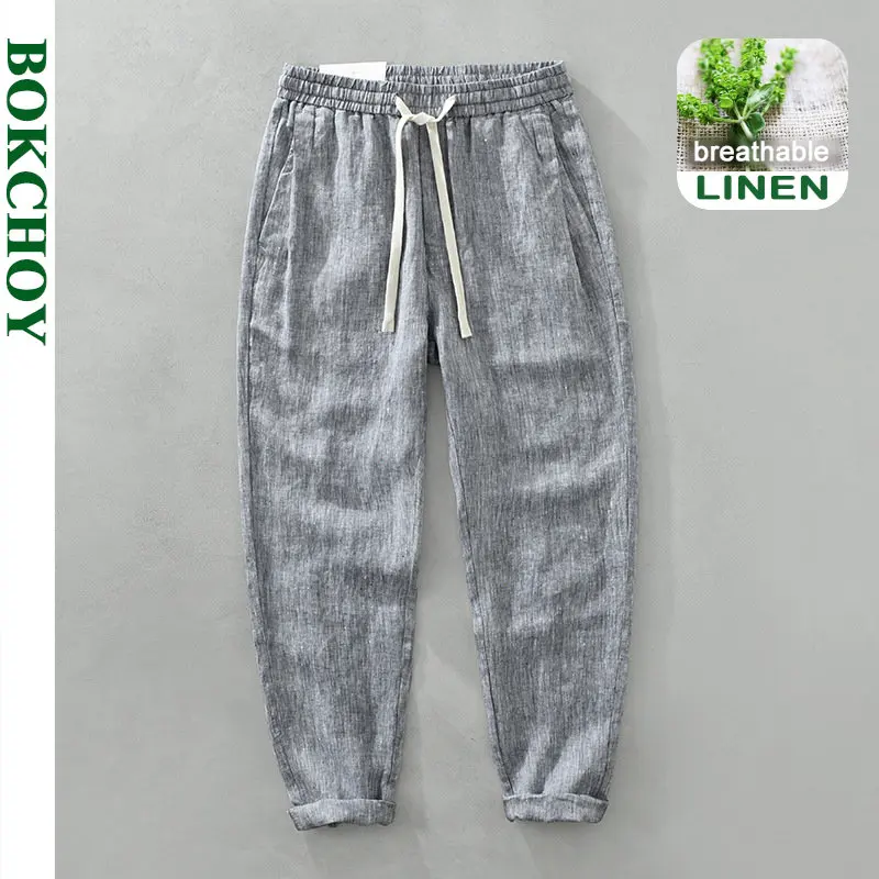 Summer New Pure Linen Casual Trousers for Men Thin Breathable Straight Streetwear Men Pants C3591