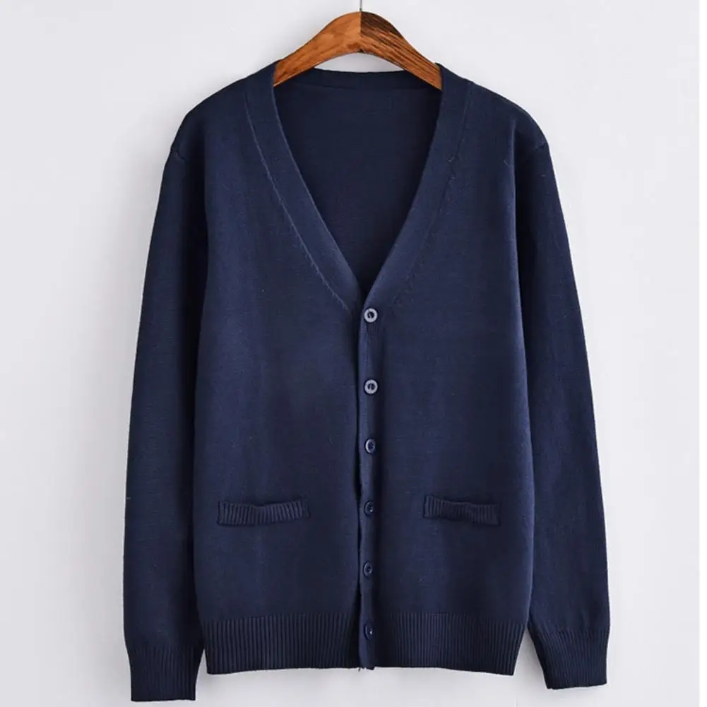 Student Sweater Solid Color Long Sleeve Single-breasted Daily Wear V Neck Preppy Style Sweater Coat For School