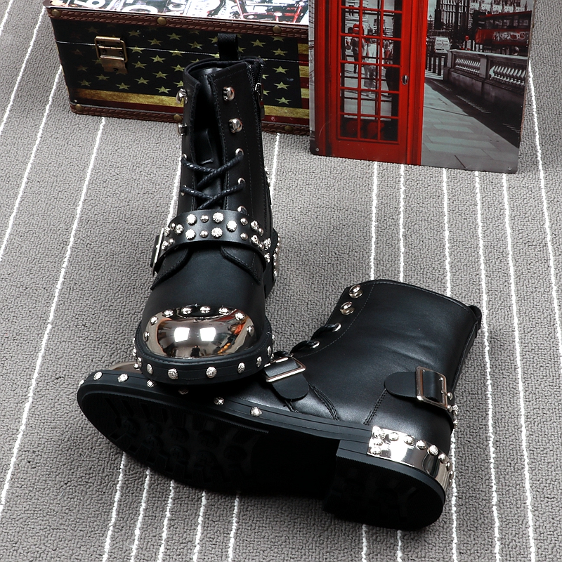 Mens Boots Luxury Brand Rivets Punk Style Spring Autumn Ankle Boots Male Metal High Top Motorbike Sneakers Shoes for Men