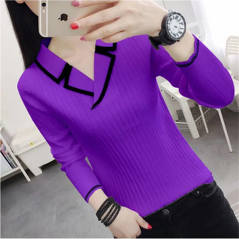 Women's Korean 2025 Elegant V-neck Slim Contrast Color Knitted Sweaters Autumn Winter Long Sleeve Pullovers new Basic Ladies Tops Jumpers