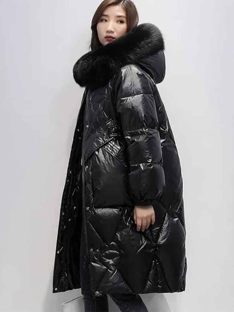 Women Winter Long Big Fur Collar Down Jackets for Women Large Size 2XL Down Jackets 2025 Women new Loose Long Knee Padded Down Parke