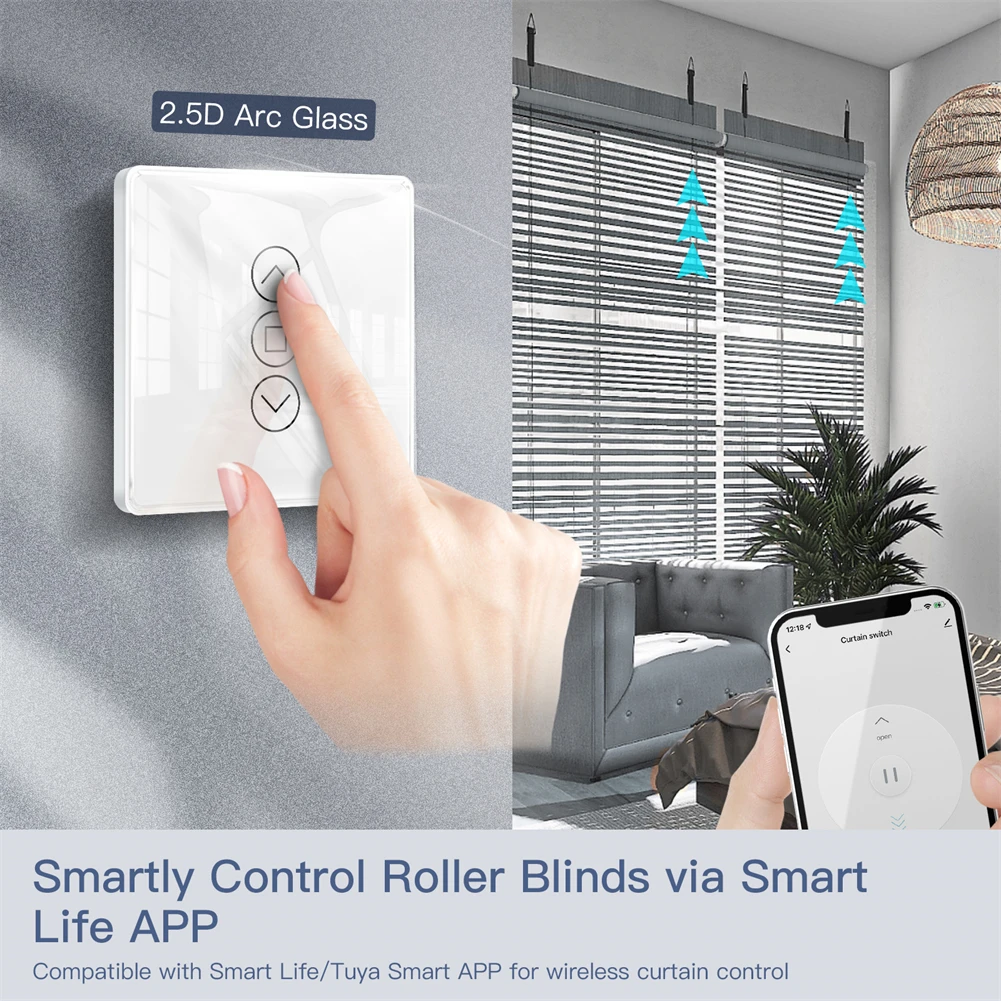 MOES WiFi RF433 2.5D Arc Glass Touch Curtain Switch for Roller Blinds Shutters Smart Life/Tuya APP Works Alexa Google Home