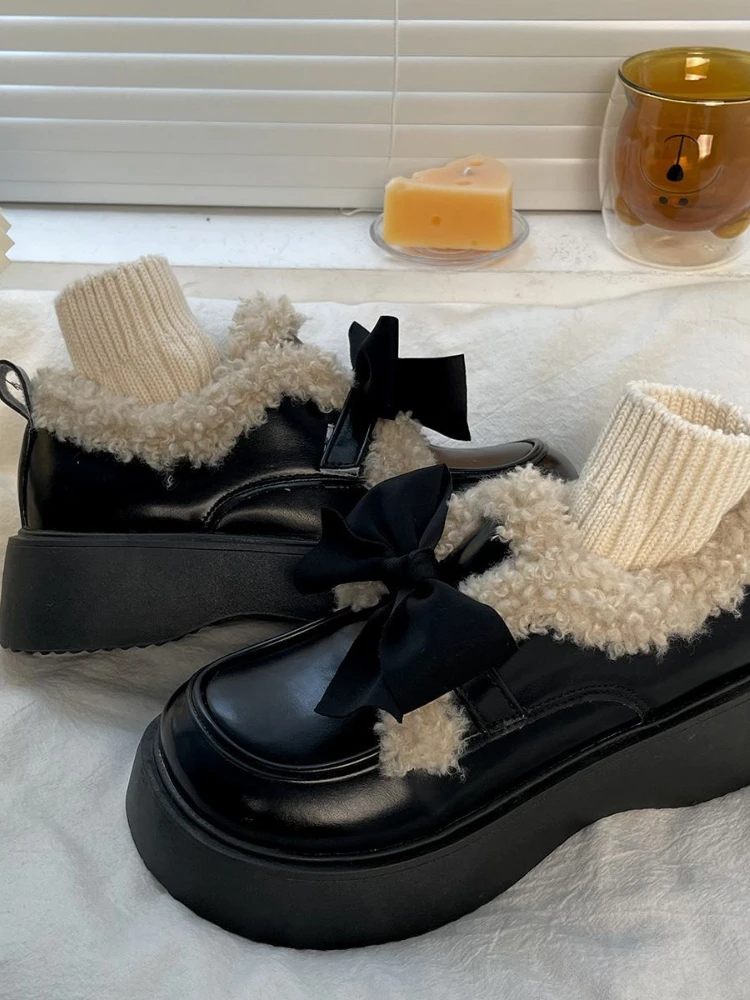 Winter Japanese Sweet Platform Shoes Women Warm Bow Vintage Kawaii new 2025 Plush Shoes Female Pure Color Casual Comfortable Shoes 2023