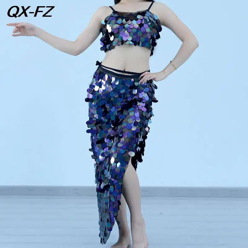 2023 Sexy Mermaid Bra Top+Hip Scarf Outfit Set Women Sequin Belly Dance Costume Set Ladies Elegant HipSkirt Dance Training Suit