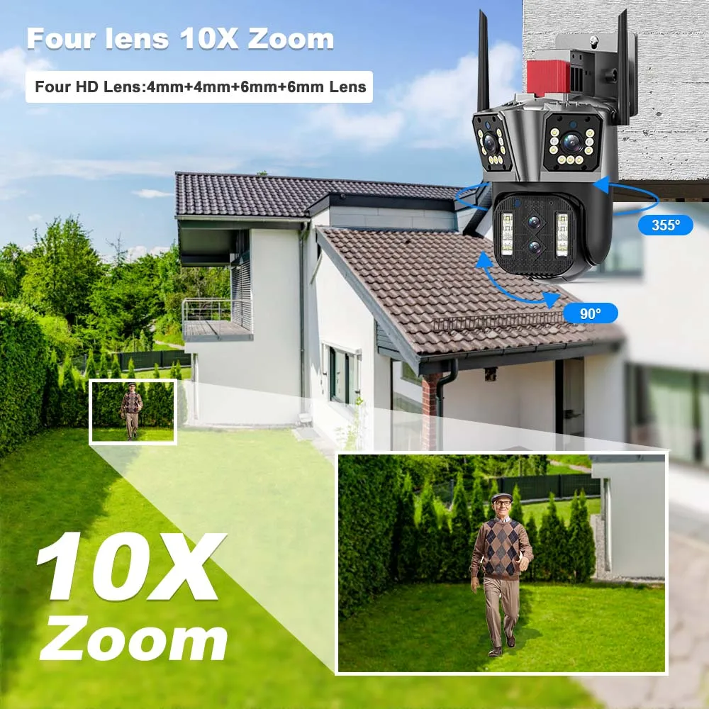 16MP 8K WiFi Camera Outdoor 10X Zoom Surveillance Four Lens Threen Screen PTZ Security Camera Video CCTV Ai Tracking Wide Angle