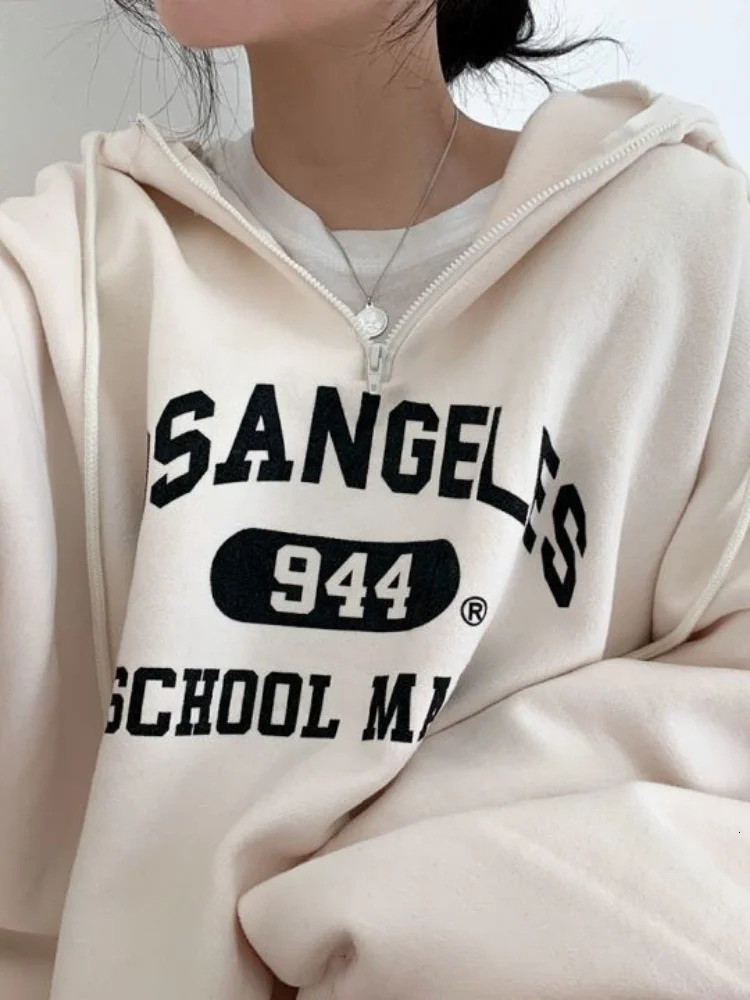 Women Kpop Loose Hooded Sweatshirts Half Zipper Pullover Long Sleeve Couple Top Harajuku Vintage Letter Printed Hoodies 240318