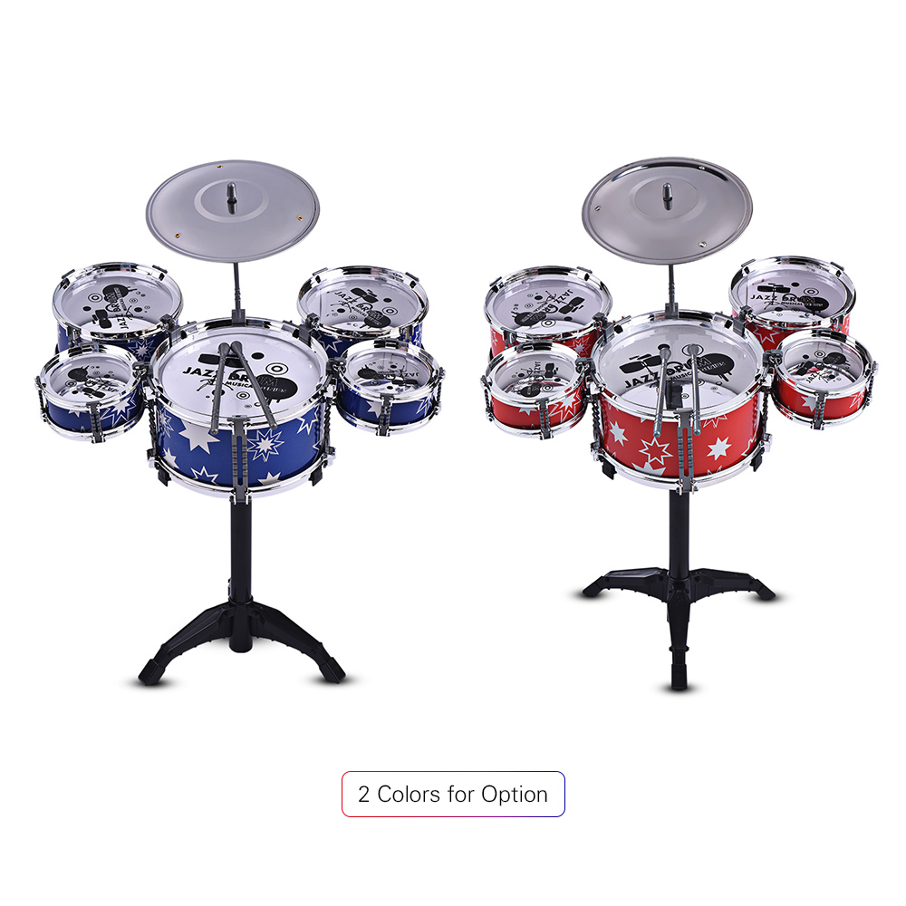 Children Kids Jazz Drum Set Kit Musical Educational Instrument Toy 5 Drums + 1 Cymbal with Small Stool Drum Sticks for Beginners