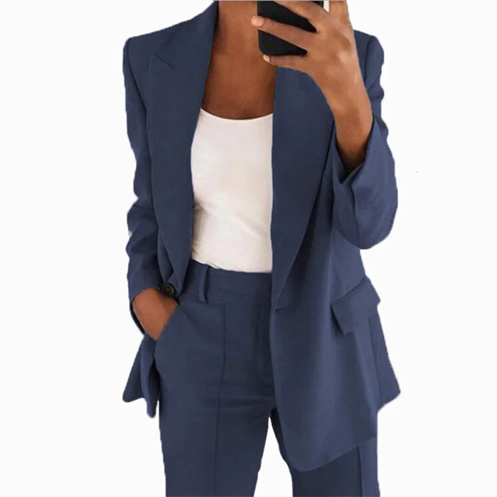 Suit Jacket Women Blazer Two Piece Set Clothse Solid Office Lady Clothing Long Sleeves Overcoat Autumn Winter Temperament Outfit 240329