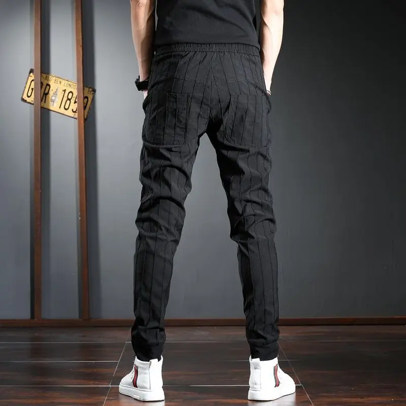 Trendy Men's Softener Elastic Waist Striped Denim Jeans Spring Autumn Casual Slim Fit Tapered Floral Embroidery British Pants