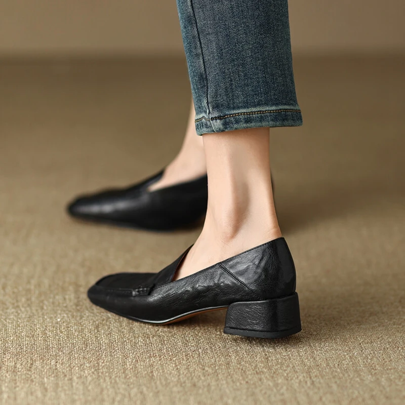 Spring/Autumn NEW Loafers Square Toe Chunky Heel Elegant Genuine Leather Shoes for Retro Sheepskin Women Pumps 932d
