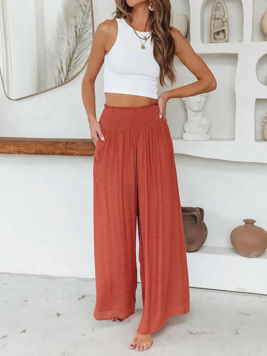 Women s Summer Palazzo Pants High Waist Solid Color Relaxed Fit 2025 new Beach Lounge Casual Elastic Loose Pants