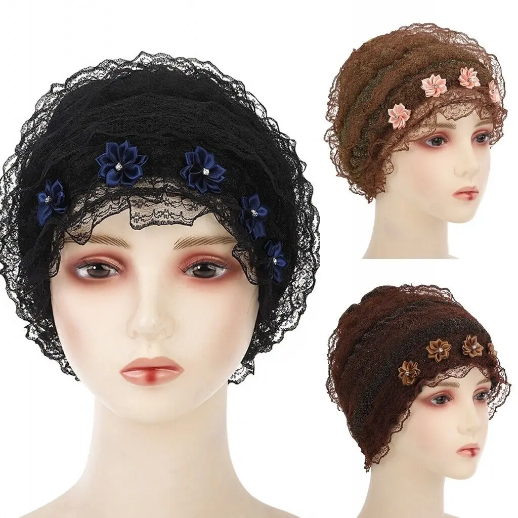 Summer Breathable Lace Mesh Turban Muslim Flower Hijab Headscarf Cap Headband Wrap Bonnet Hats Women's Headwear