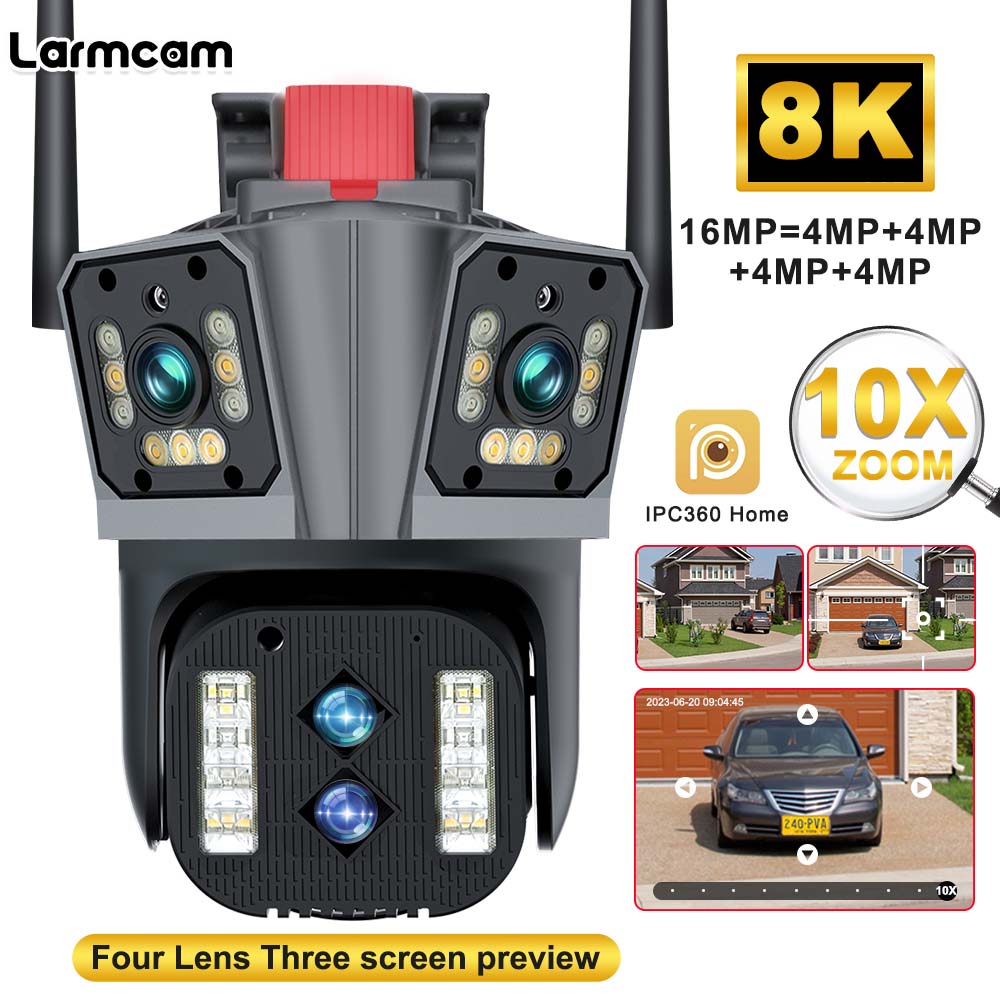 16MP 8K WiFi Camera Outdoor Security Cam Four Lens Three Screen 10X Zoom Video Surveillance PTZ Mini CCTV 360° AI Tracking