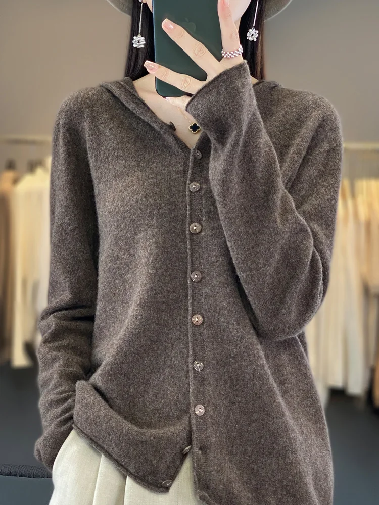 Aliselect Spring Autumn Female 100% Merino Wool Sweater Women Knitted Gingrich Cardigan Knitwear Loose Hoodie Clothing Tops
