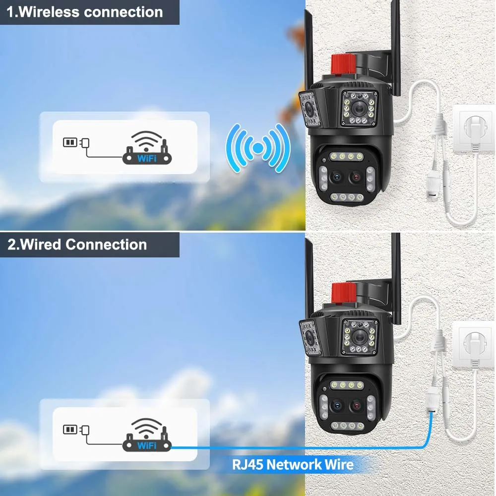 16MP 8K WiFi IP Camera 10X Zoom 4K Outdoor Security Camera Surveillance AI Track Four Lens Three Screen Mini Street Camera 360°