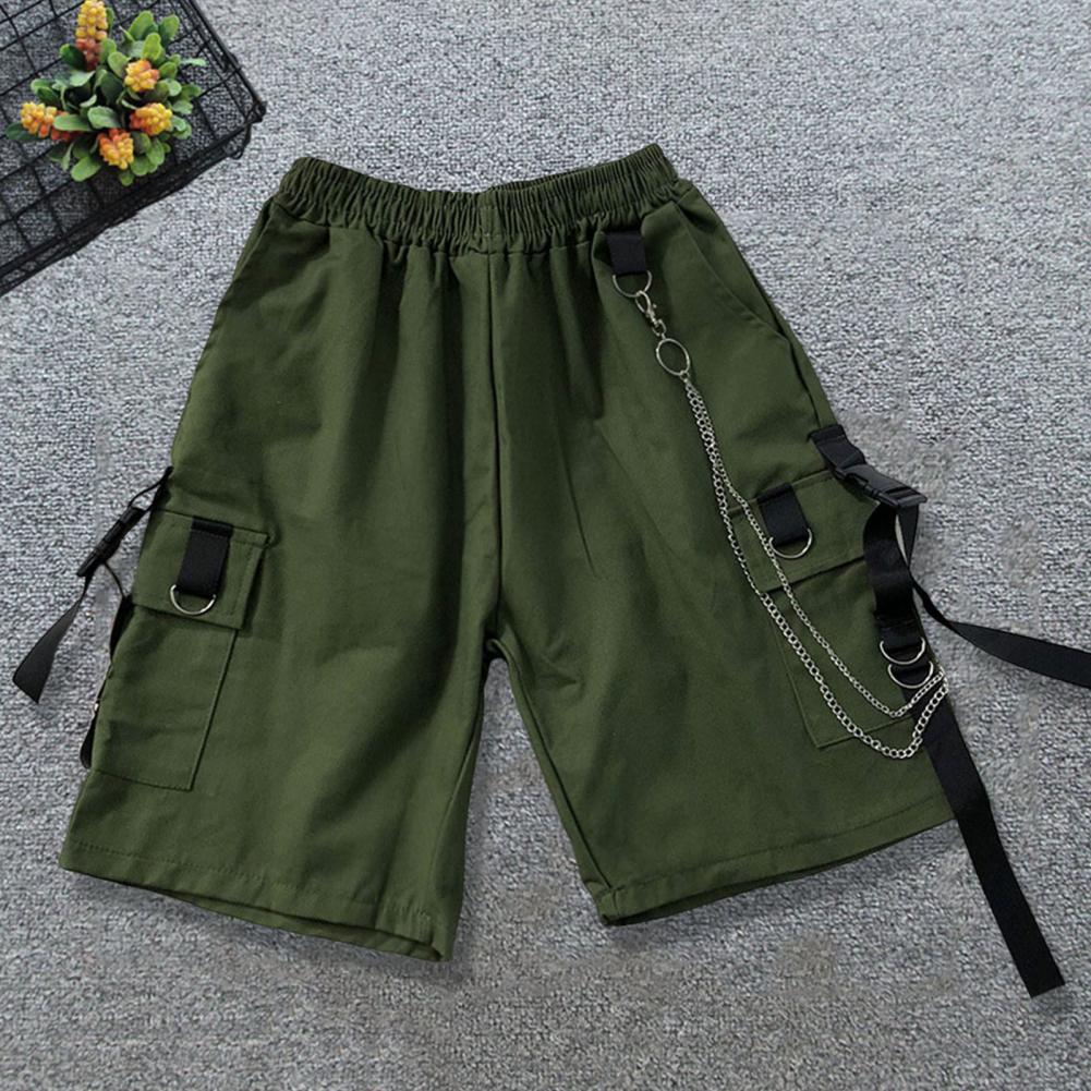 Men Shorts Multi Pockets Chain Strap Decor Casual Shorts Mid-Rise Elastic Waistband Male new Shorts Knee Length Men 2025 Cargo Short