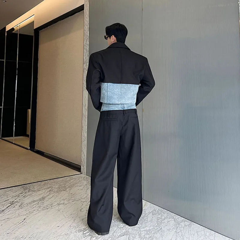 NOYMEI Two Denim Pieces Set Patchwork Men's Short Zipper Blazer Straight Wide Leg Casual Suit Pants Autumn 2024 New Chic WA2922