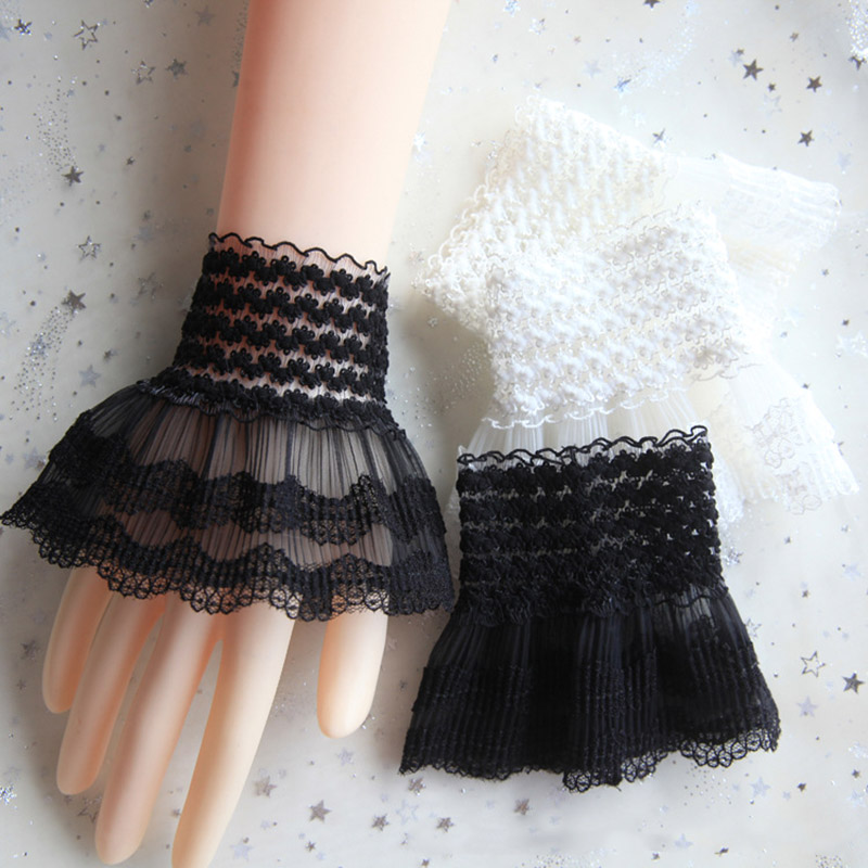 1Pair Girls Sweet Detachable Fake Flare Sleeve Lace Pleated Ruffles Decorated Cuffs Lolita Sleeves Elastic Universal Fake Cuff