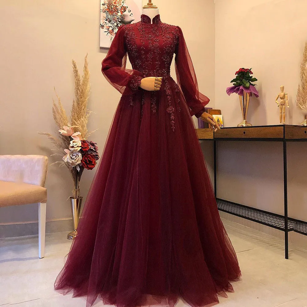 Muslim Modest Evening Dresses Bury Beads 2025 High Neck Puffy Long Sleeves Arabic Caftan Vestidos De new Fiesta 2023 Wedding Party