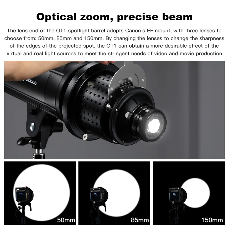 SOONPHO OT1 Bowens Mount Snoots Optical 50mm/85mm/150mm Lens for Godox Flash Light Professional Photography Accessories
