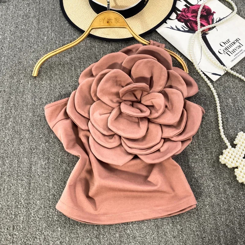 Neploe Sexy Spicy Girl 3D Large Flower Oblique Collar One Shoulder Camisole 2024 Female Korean Slimming Open Back Outwear Tops