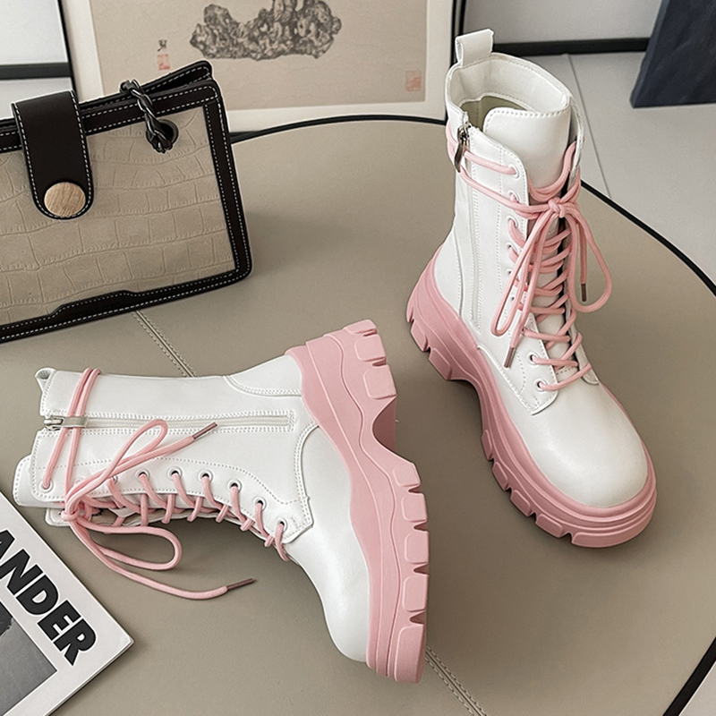 Pink Chunky Platform Ankle Women 2022 Autumn Thick Bottom Pu Leather Boots Shoes Woman Mix Color Lace Up Motorcycle Botas