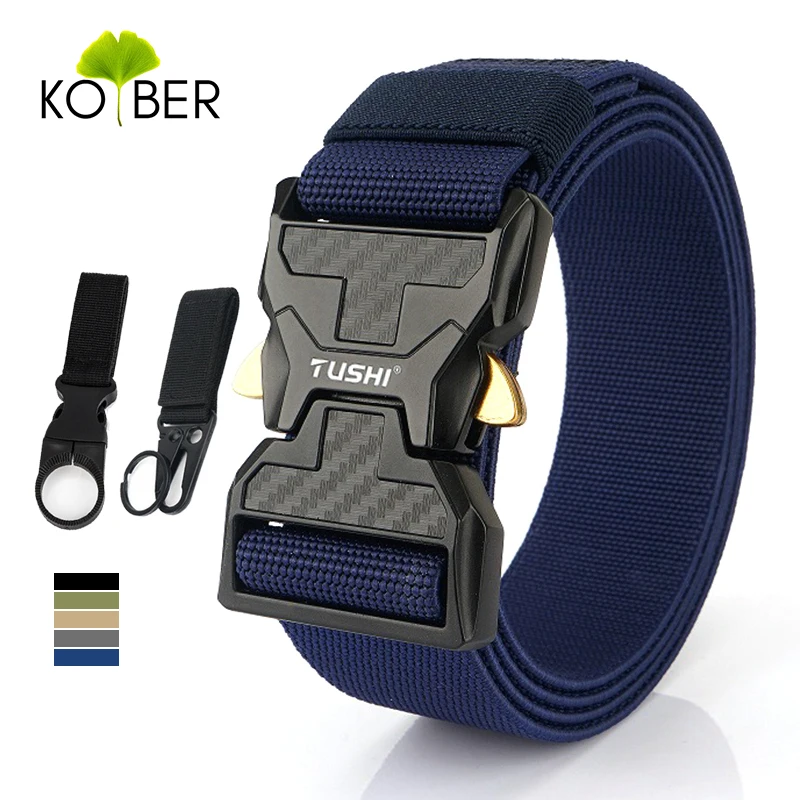 KOLBER Navy Blue Elastic Belt for Men Metal Buckle Quick Release Military Black Belt Tactical Outdoor Belt Casual Girdles Male