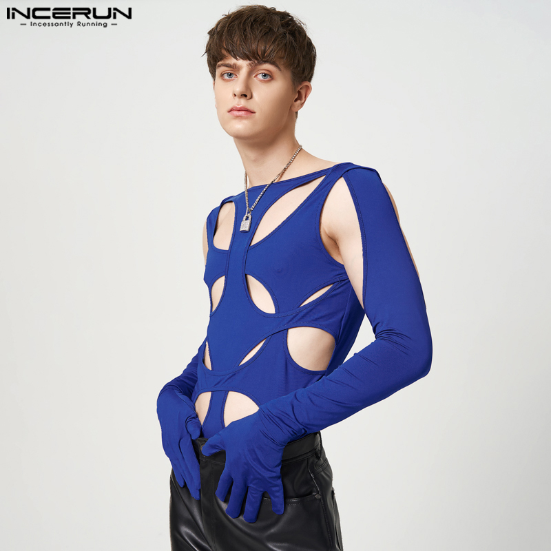 INCERUN Men Bodysuits Solid Color new Hollow Out Sexy O-neck 2025 Gloves Streetwear Long Sleeve Rompers 2023 Irregular Bodysuit S-5XL