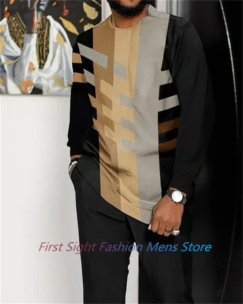 African Clothing Set for Men Tracskuit Set Casual Walking Suit Ovrersize Streetwear Long Sleeve T-Shirt Trousers Outfit 2-piece